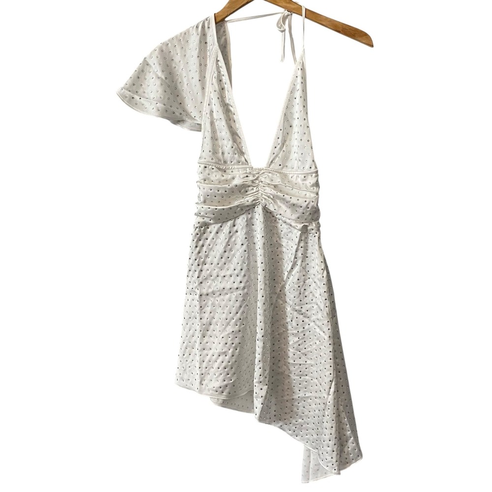 WeWoreWhat Revolve Crystal Dress White Silky‎ Charmeuse One Shoulder Mini Sz2